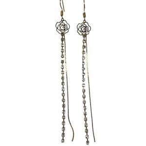 Dainty Gold Tone Rhinestone Rose Tassel Dangle Drop Fish Hook Earrings NEW